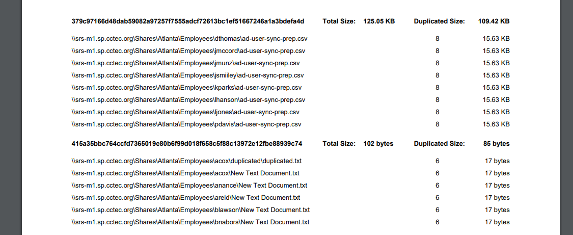Content Hash Duplicate File Report